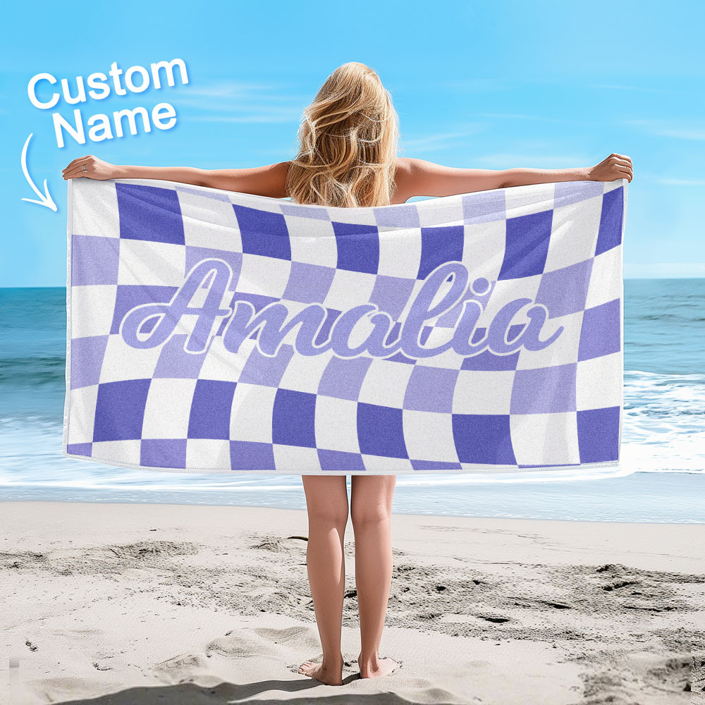 Toalla De Playa Personalizada Con Nombre Personalizado, Toalla De Baño A Cuadros, Regalo De Vacaciones De Verano - CustWitES