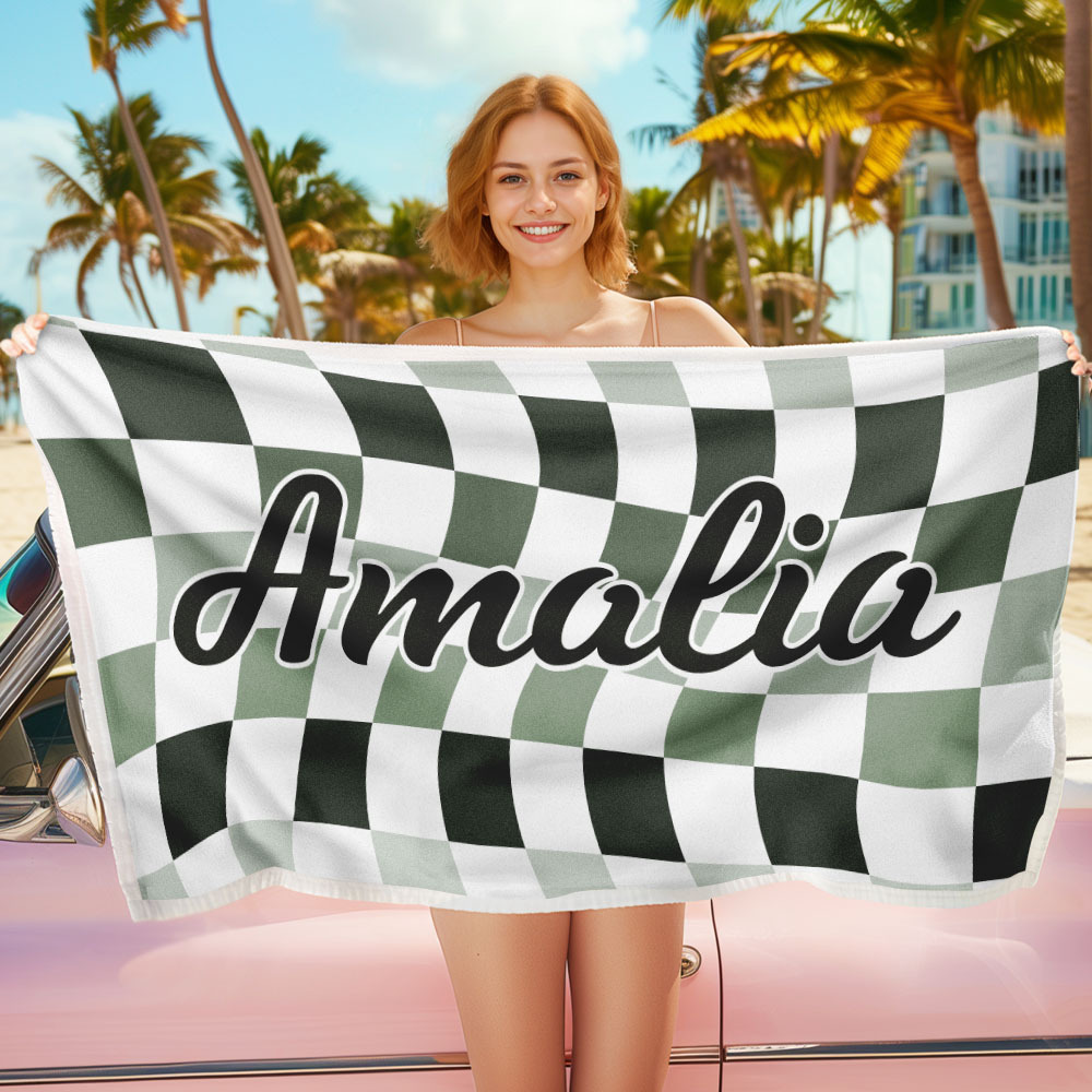 Toalla De Playa Personalizada Con Nombre Personalizado, Toalla De Baño A Cuadros, Regalo De Vacaciones De Verano - CustWitES