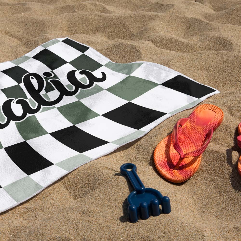 Toalla De Playa Personalizada Con Nombre Personalizado, Toalla De Baño A Cuadros, Regalo De Vacaciones De Verano - CustWitES