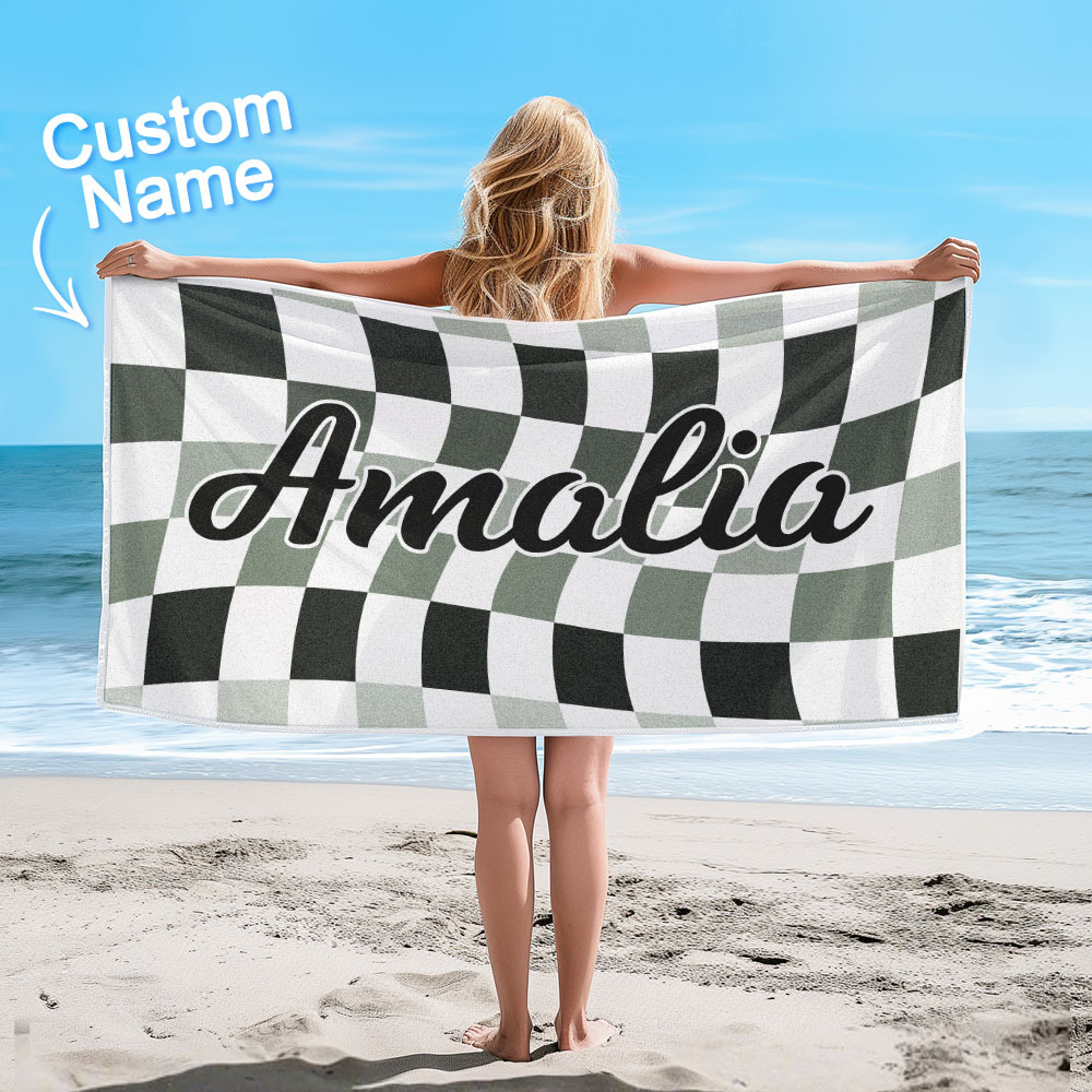 Toalla De Playa Personalizada Con Nombre Personalizado, Toalla De Baño A Cuadros, Regalo De Vacaciones De Verano - CustWitES