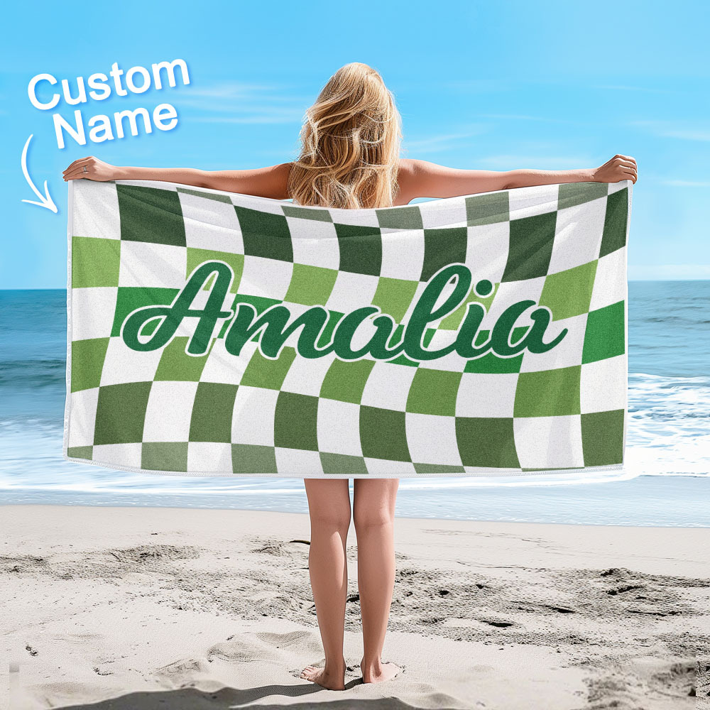 Toalla De Playa Personalizada Con Nombre Personalizado, Toalla De Baño A Cuadros, Regalo De Vacaciones De Verano - CustWitES