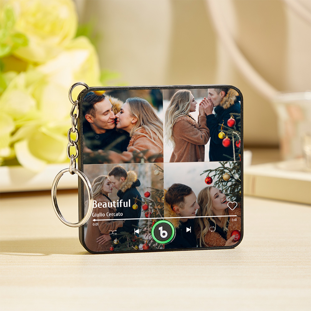 Personalized 4 Photo Music KeyChain Music Box Bag Charm That Plays Music Without Cell Phone Anniversary Gifts - CustWitUK