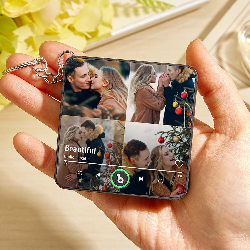 Personalized 4 Photo Music KeyChain Music Box Bag Charm That Plays Music Without Cell Phone Anniversary Gifts - CustWitUK