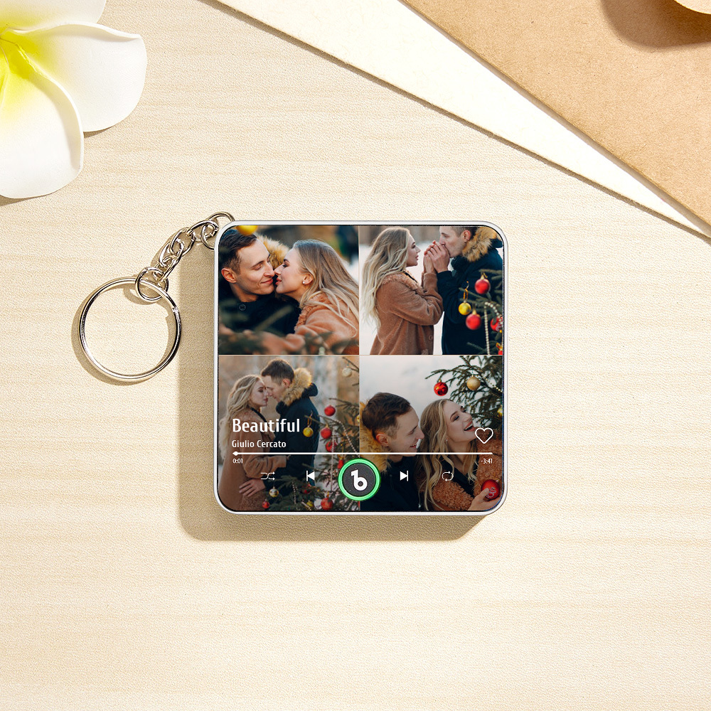 Personalized 4 Photo Music KeyChain Music Box Bag Charm That Plays Music Without Cell Phone Anniversary Gifts - CustWitUK