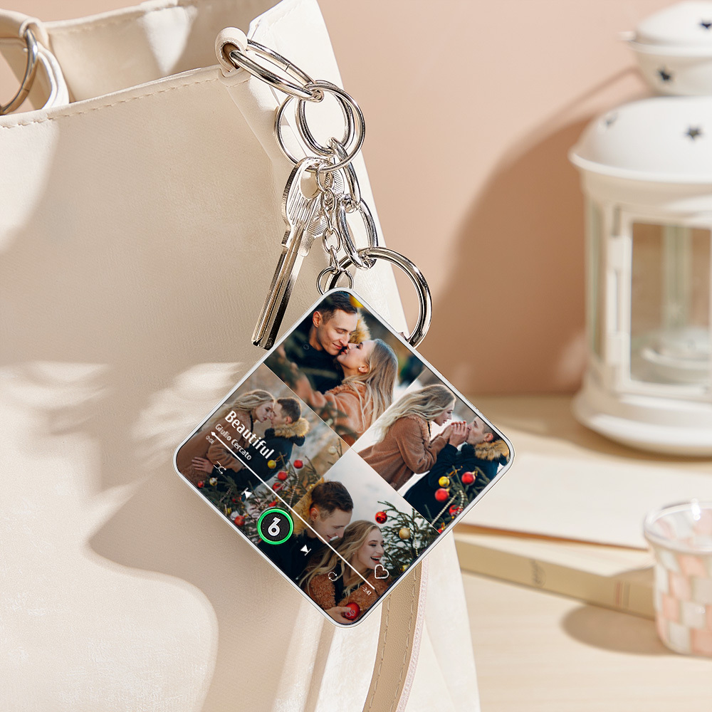 Personalized 4 Photo Music KeyChain Music Box Bag Charm That Plays Music Without Cell Phone Anniversary Gifts - CustWitUK