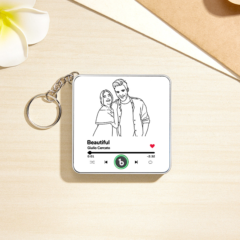 Personalized Lines Art Photo Music KeyChain Music Box Bag Charm That Plays Music Without Cell Phone Couple Gifts - CustWitUK