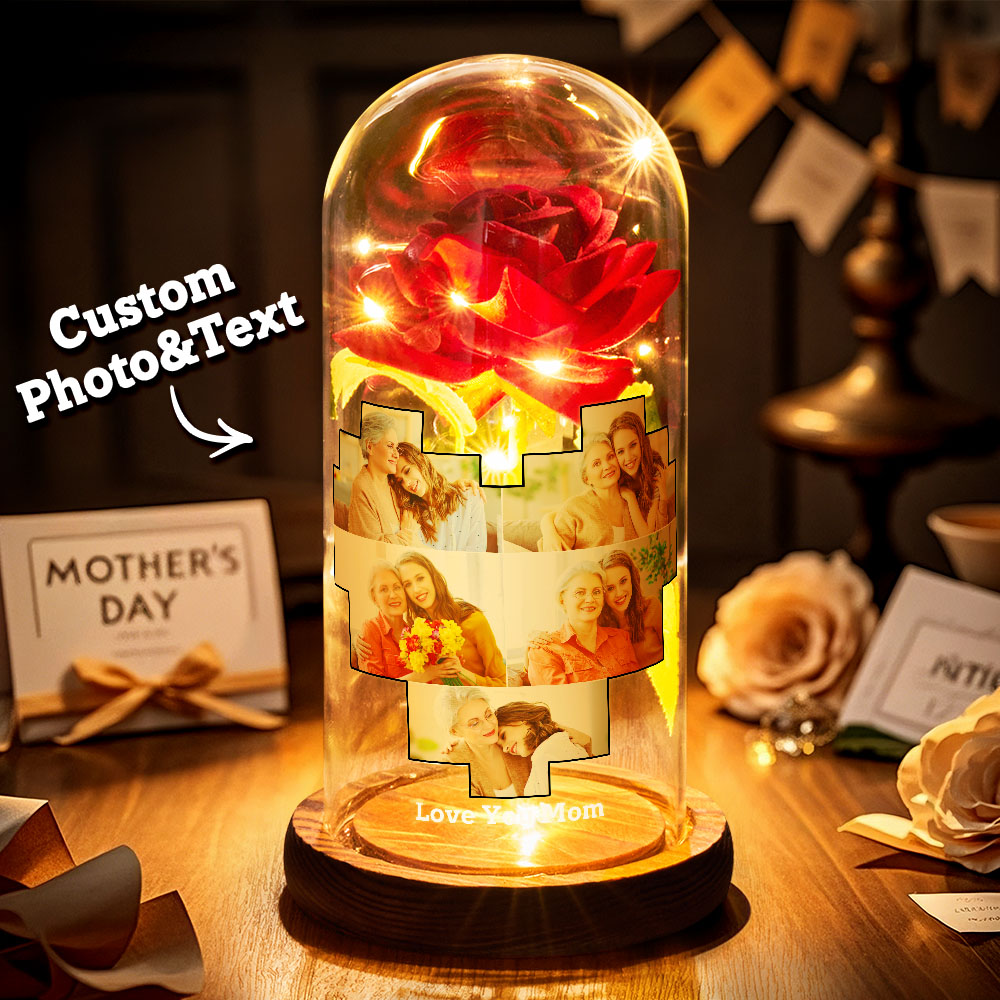 Luz Nocturna Led De Rosa Eterna Con Foto Y Texto Personalizados, Luz Nocturna Con Foto En Forma De Corazón Personalizada Para El Día De La Madre.