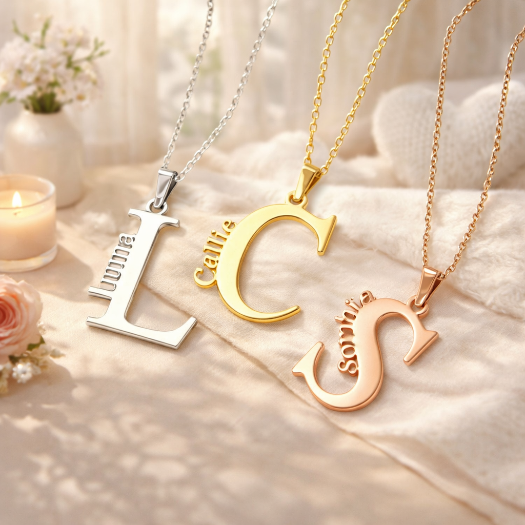 Collar Personalizado Con Inicial Grande Y Nombre, Joyería Minimalista De Acero Inoxidable Con Nombre Lateral, Regalo De Cumpleaños O Aniversario Para Mamá, Novia O Ella. - CustWitES
