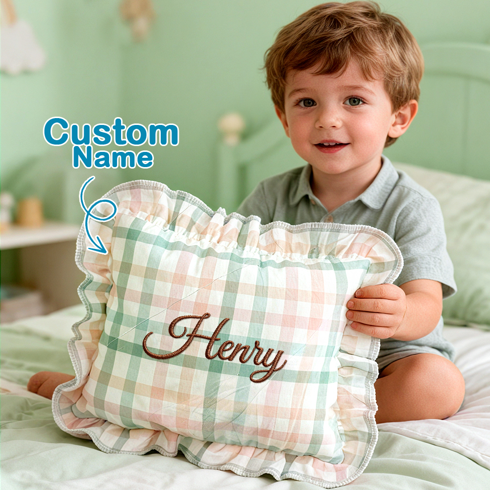 Cojín De Bebé A Cuadros Bordado Personalizado - Almohada De Estilo Nórdico Con Volantes, Regalo Para Baby Shower