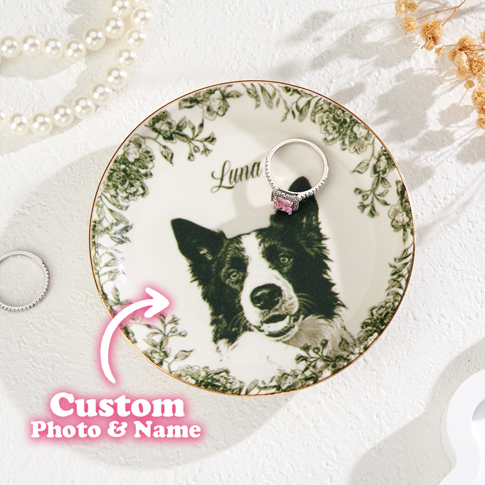 Plato De Joyería Personalizado Con Retrato De Mascota: Plato De Cerámica Toile De Jouy, Regalo Personalizado Para Amantes De Las Mascotas.