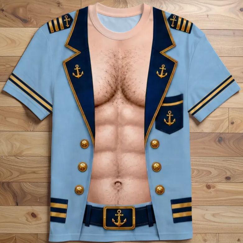 Creative Captain Uniform Printed T-Shirt, Men Cruise Vacation Short Sleeve, Funny Party Costume Gift