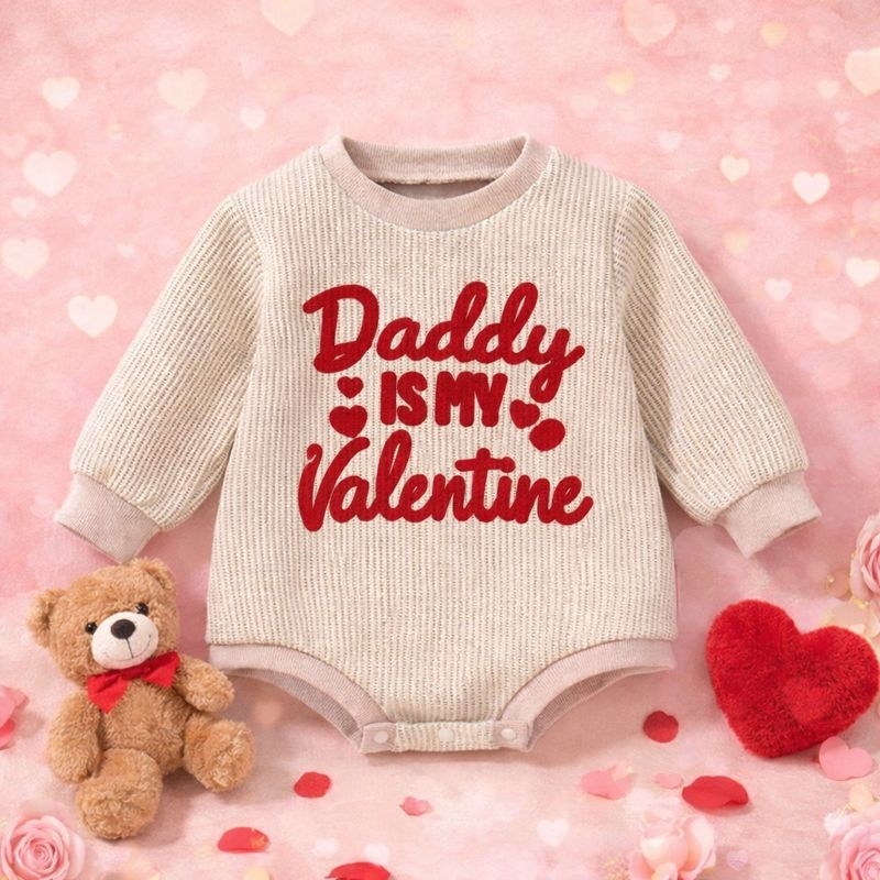 Personalized Text Inafnt Baby Girl Valentine's Day Outfit Heart Bubble Romper Jumpsuit Bodysuit Newborn Fall Waffle Clothes
