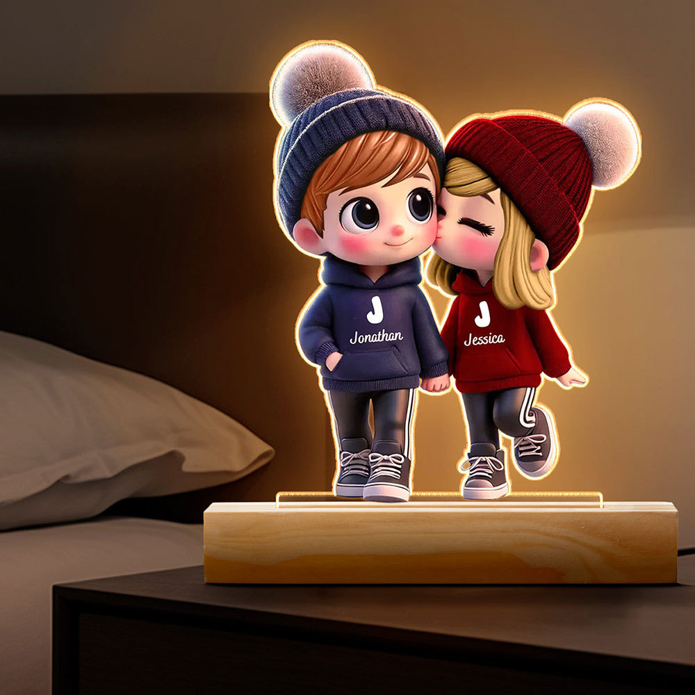 Custom Cute Cartoon Couple Walking Night Light Personalized Name Roman