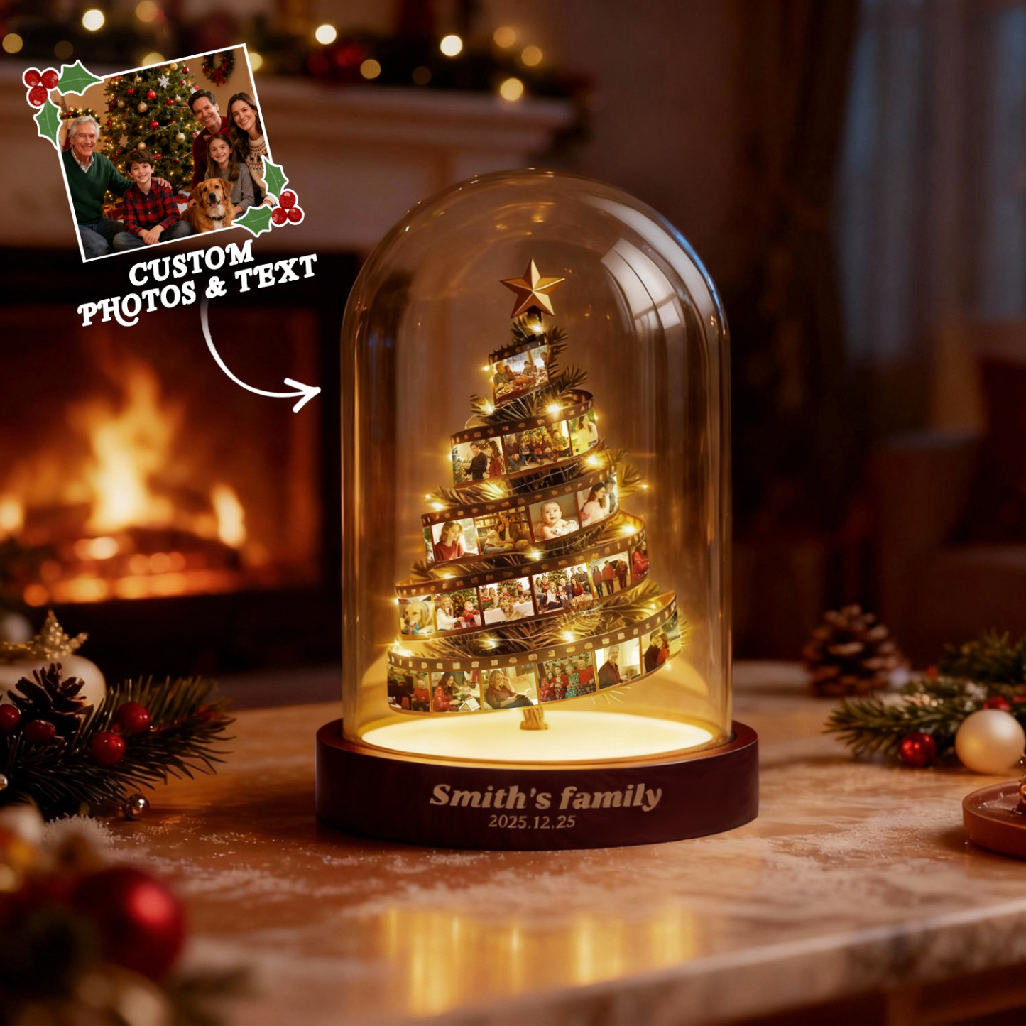 Prueba De Película Fotográfica Personalizada, Árbol De Navidad, Luz Nocturna, Recuerdo Familiar Personalizado Con Base Grabada, Regalo De Navidad - CustWitES