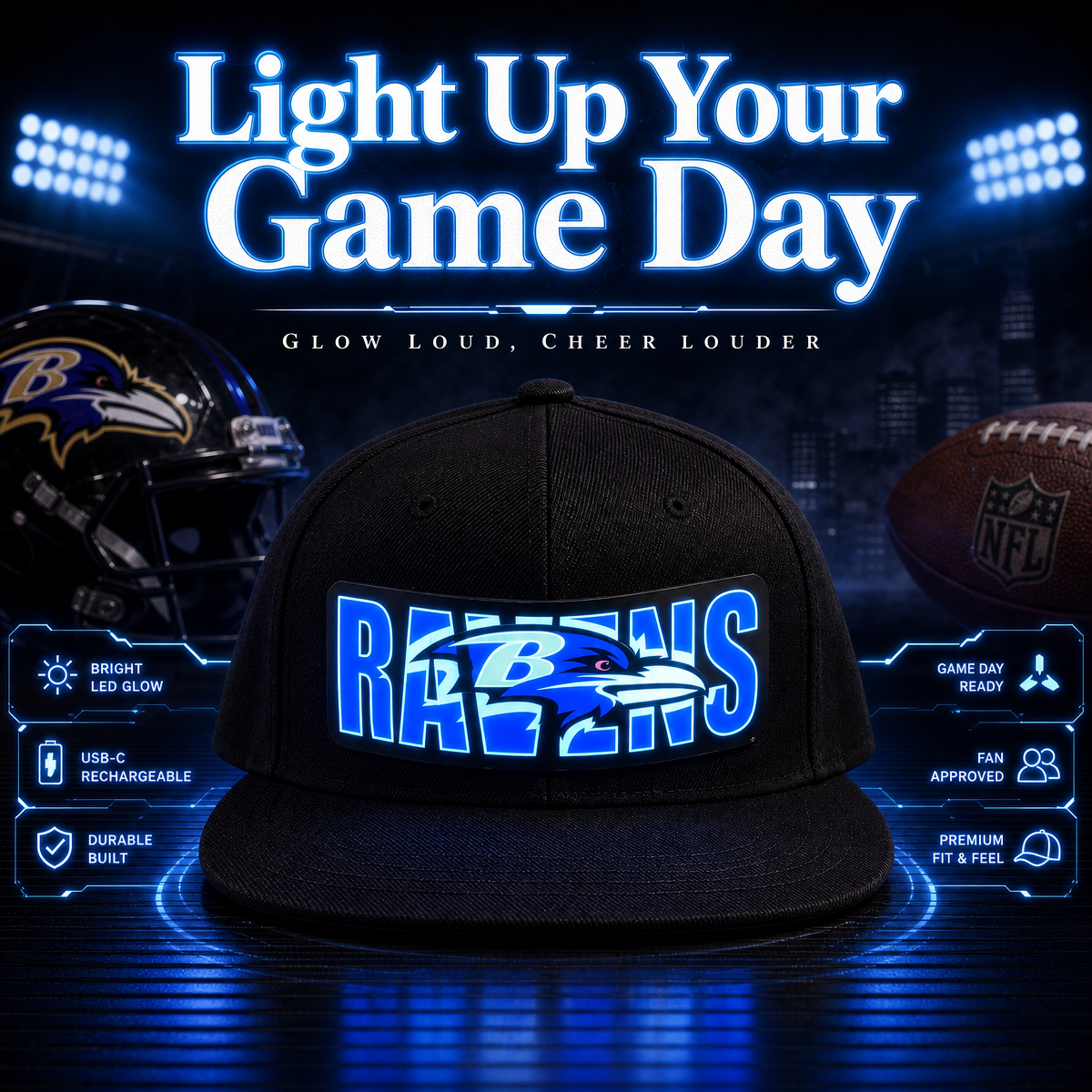 Football Fan LED Light-Up Snapback Cap