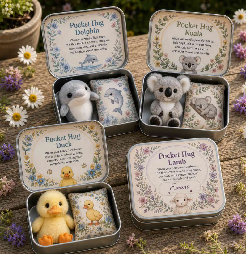 Personalized Pocket Hug Mini Plush Animal Gift Box with Name, Comfort Keepsake Tin with Cute Stuffed Animal, Heartfelt Gift for Family/Friends