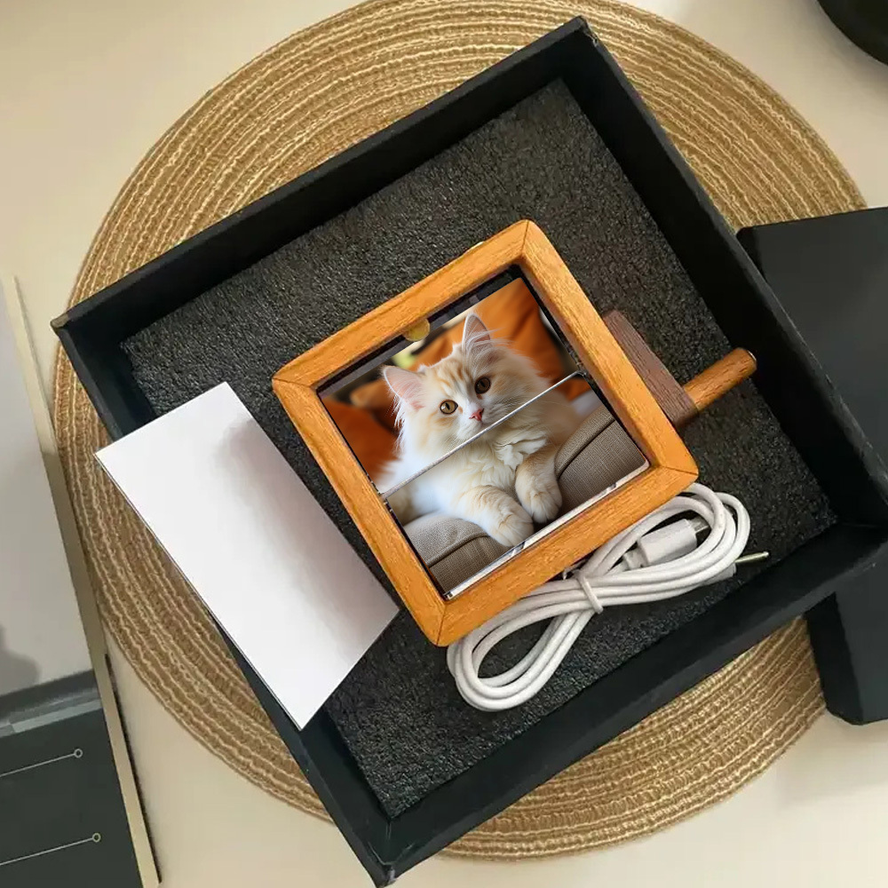 Moldura De Livro Flip Personalizado Para Gatos, Máquina De Animação, Álbum De Fotos Mecânico Com Manivela E Moldura De Cubo Para Fotos De Bebê Em Nogueira Preta, Presente Criativo - CustWitPT