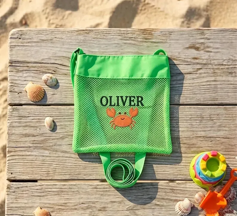 Bolsa De Praia De Malha Bordada Personalizada, Sacola De Coleção De Concha Com Nome Personalizado Para Crianças, Presente De Aniversário De Férias De Verão, Bolsa De Piscina, Presente Para Criança - CustWitPT