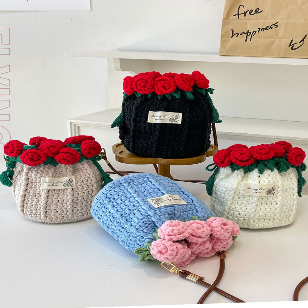 Bolsa De Crochê Feita À Mão Com Rosas – Bolsa De Ombro Floral De Malha, Presente Exclusivo Para Mulheres E Meninas