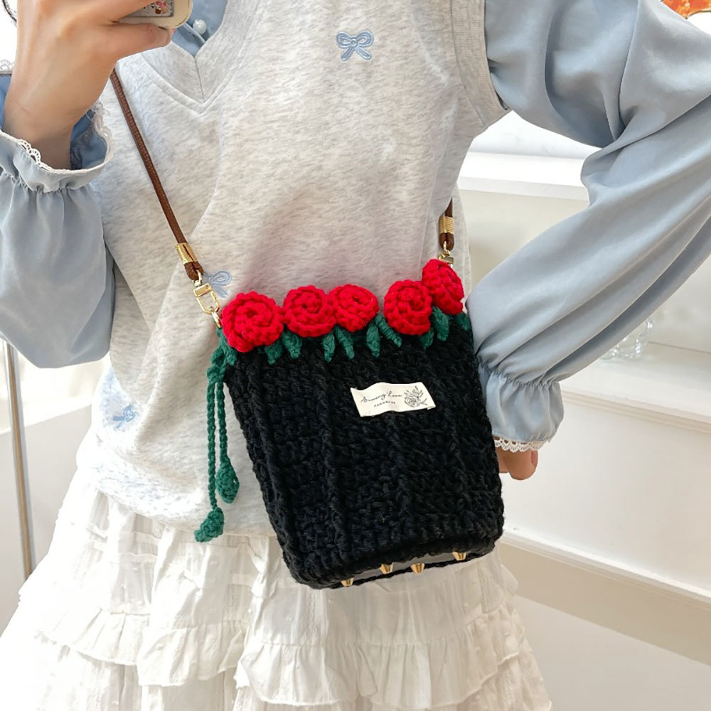 Bolsa De Crochê Feita À Mão Com Rosas – Bolsa De Ombro Floral De Malha, Presente Exclusivo Para Mulheres E Meninas