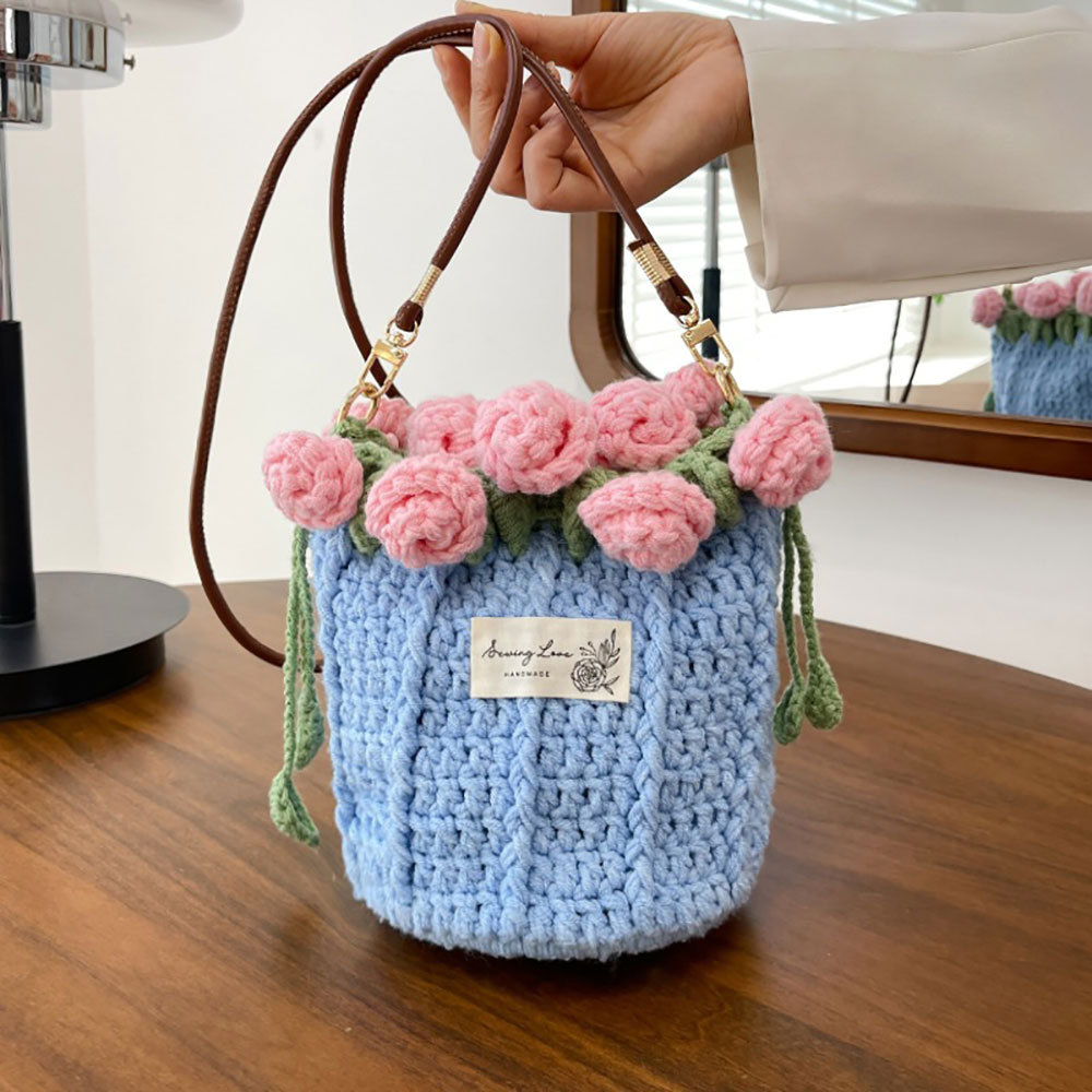 Bolsa De Crochê Feita À Mão Com Rosas – Bolsa De Ombro Floral De Malha, Presente Exclusivo Para Mulheres E Meninas
