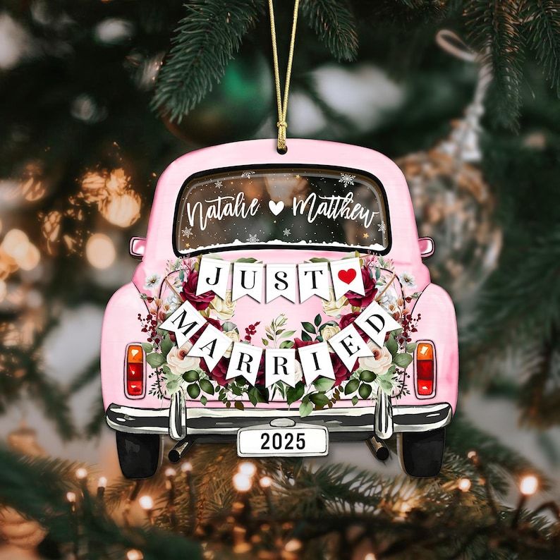 Personalized Just Married Car Ornament, Custom Wedding Keepsake with Names, Newlywed Christmas Gift