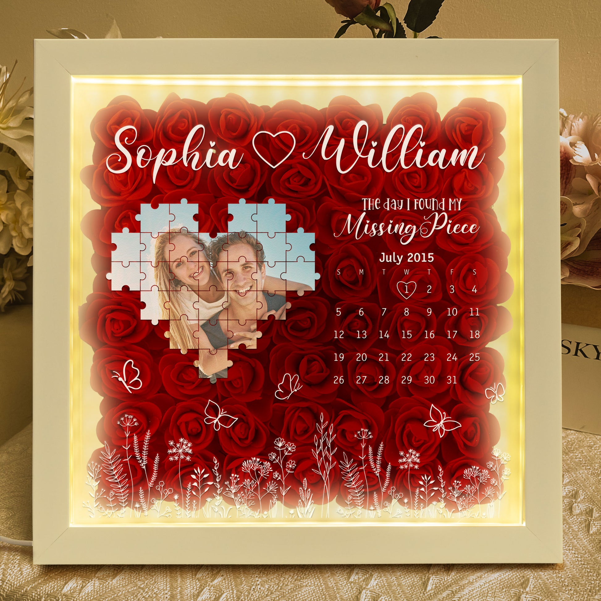 Caixa De Sombra De Flores Com Foto Personalizada E Peça Faltante Com Luz, Presente Para Casal