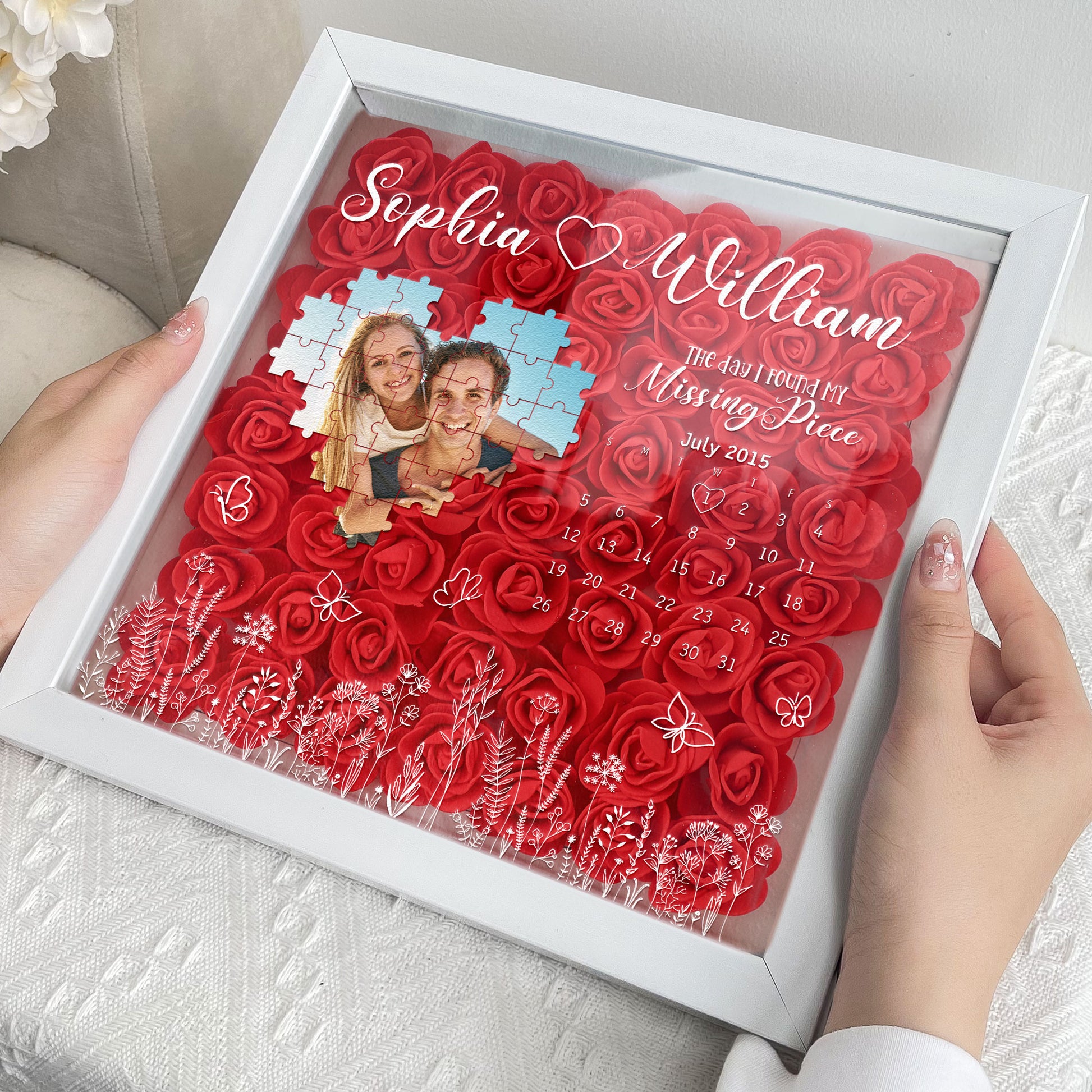 Caixa De Sombra De Flores Com Foto Personalizada E Peça Faltante Com Luz, Presente Para Casal