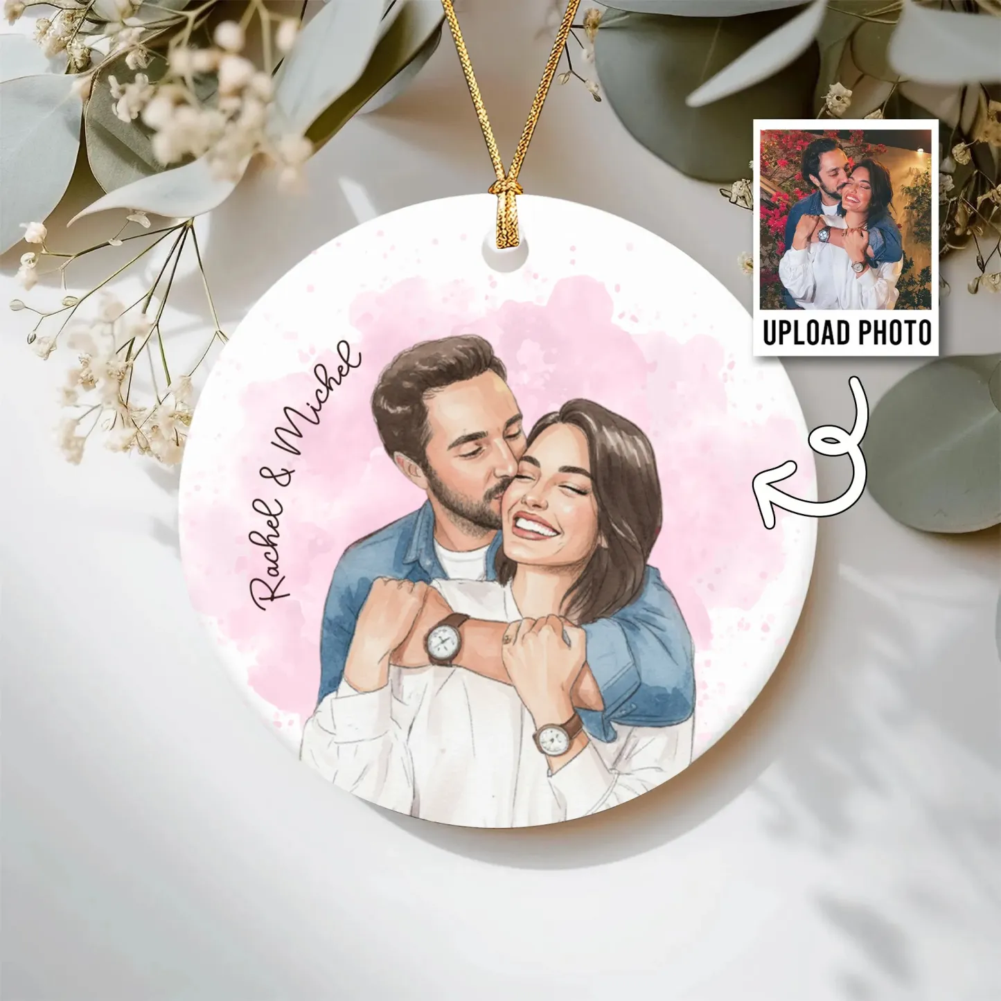 Enfeite Personalizado em Aquarela – Foto e Nomes, Presente Romântico para Quem Você Ama