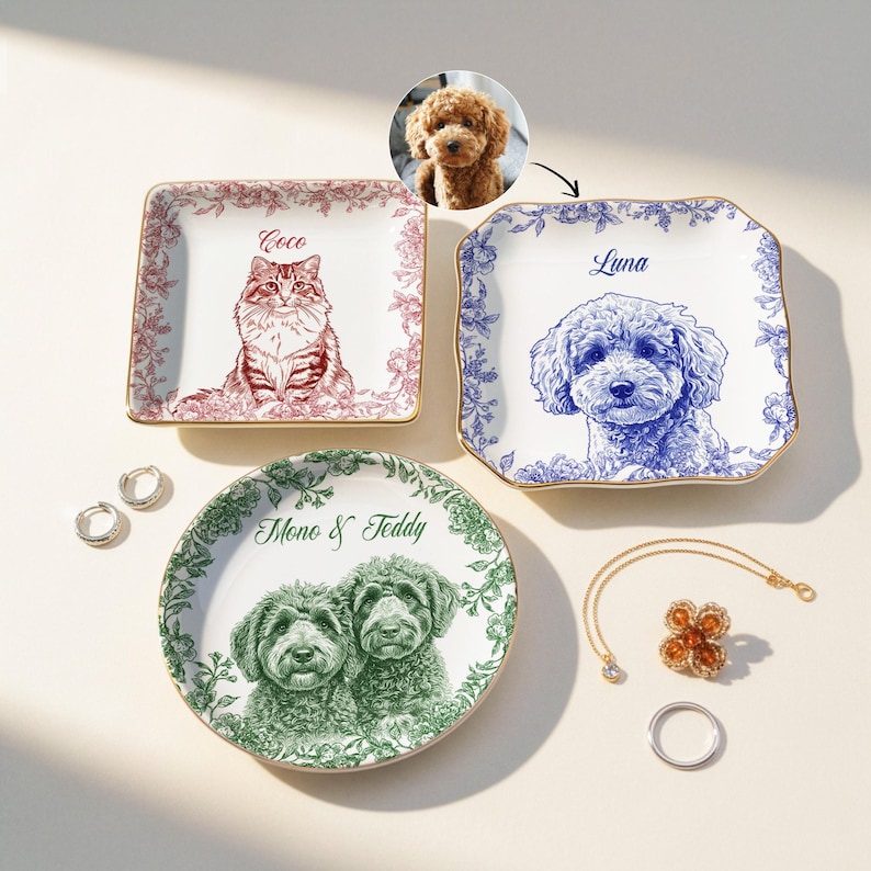 Porta-joias Personalizado Com Retrato Do Seu Animal De Estimação – Prato De Cerâmica Toile De Jouy, Presente Personalizado Para Amantes De Animais.