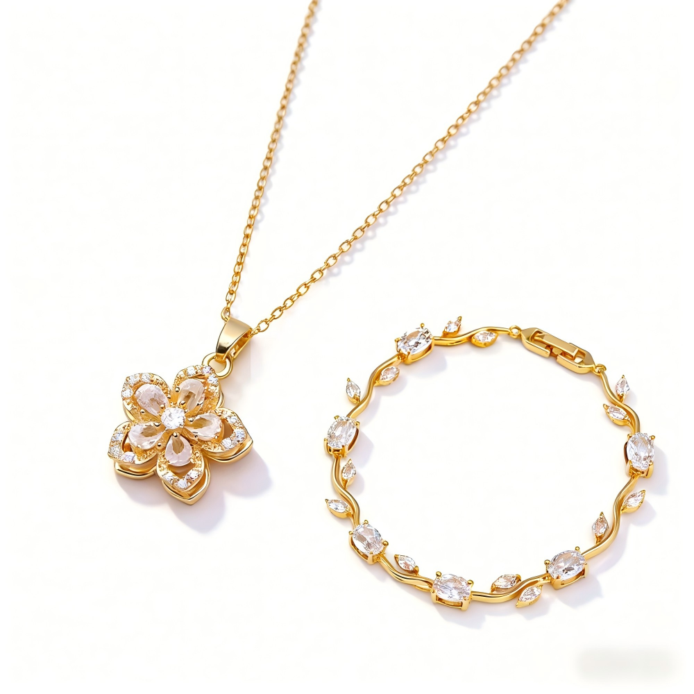 Elegant Floral Crystal Jewelry - Necklace, Bracelet or Matching Set - Gift For Lover