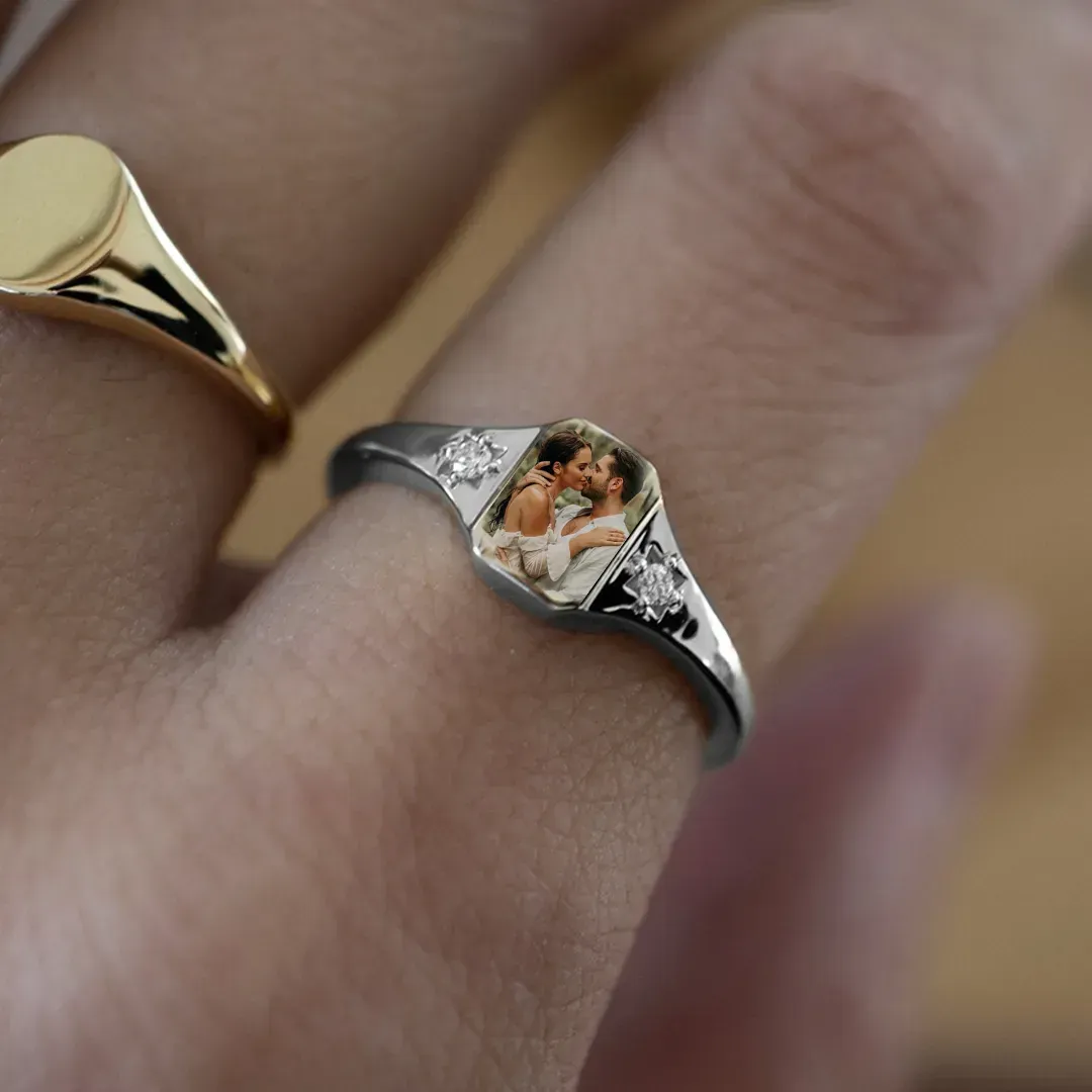 Anel Com Foto De Pedra De Nascimento Personalizado, 2 Cores De Foto, Presente Perfeito Para Esposa Ou Mãe - CustWitPT