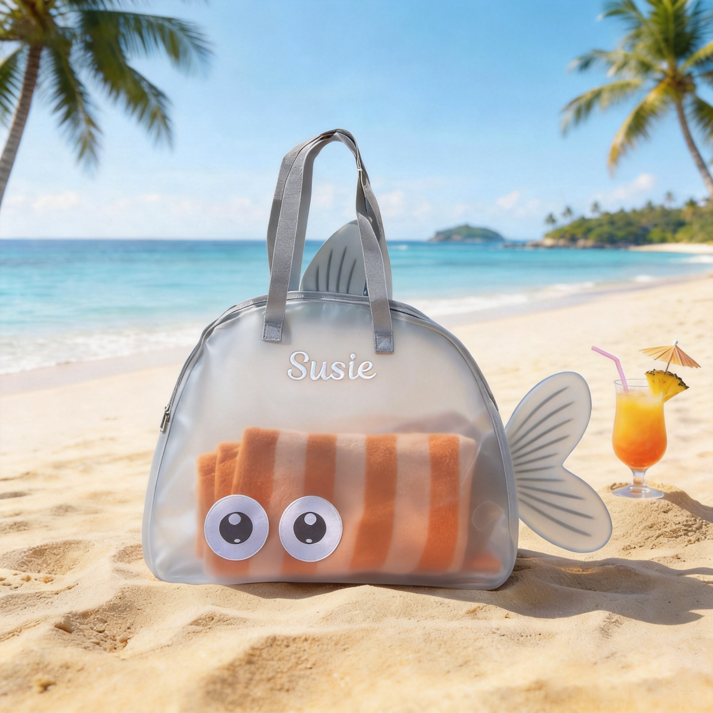 Bolsa De Praia Bordada Personalizada Para Crianças, Sacola De Praia De Peixe De Malha, Sacola De Praia Personalizada Para Crianças, Bolsa De Praia De Brinquedo Infantil, Presente Para Crianças - CustWitPT
