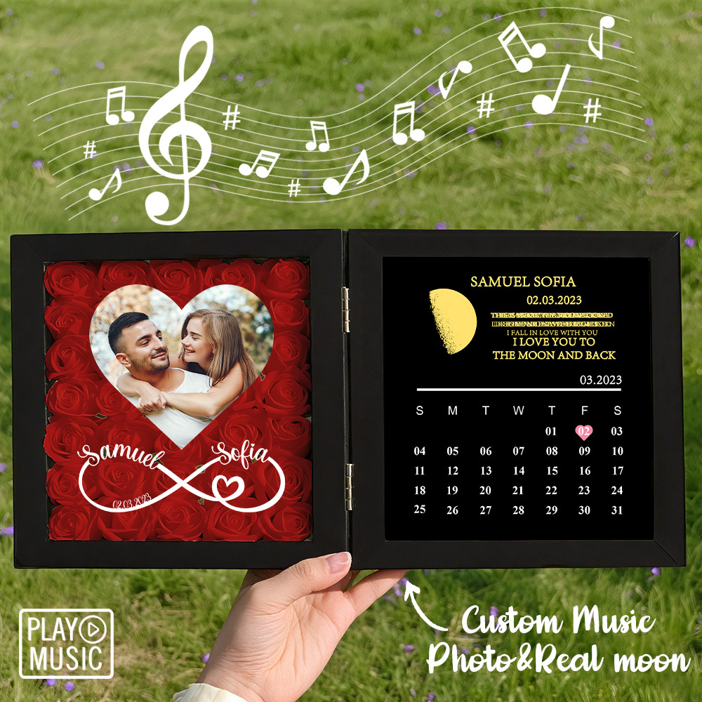 Custom Rose Flowers Frame with REAL MOON PHASE Can Play Music Anniversary Calendar Gift for Her - CustWitUK