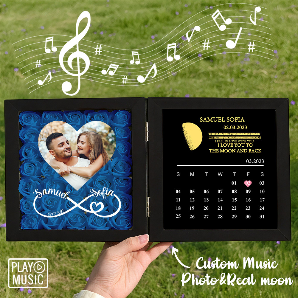 Custom Rose Flowers Frame with REAL MOON PHASE Can Play Music Anniversary Calendar Gift for Her - CustWitUK