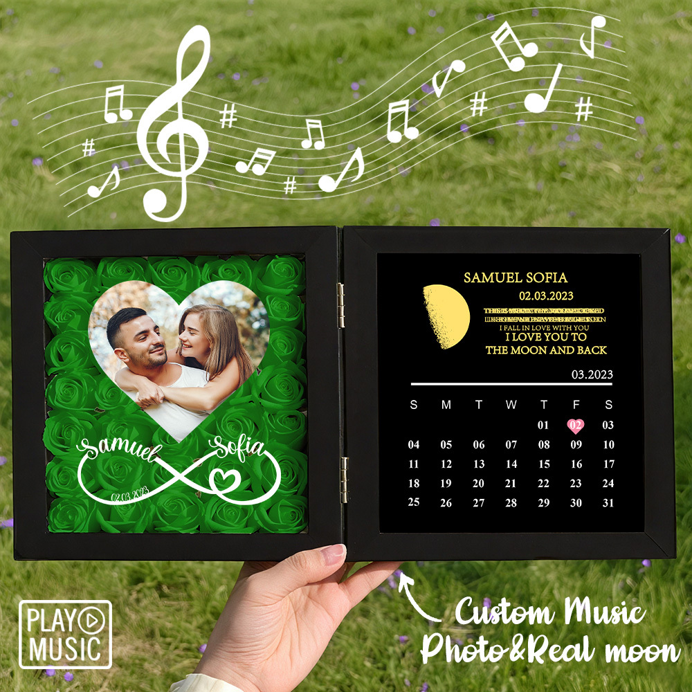 Custom Rose Flowers Frame with REAL MOON PHASE Can Play Music Anniversary Calendar Gift for Her - CustWitUK
