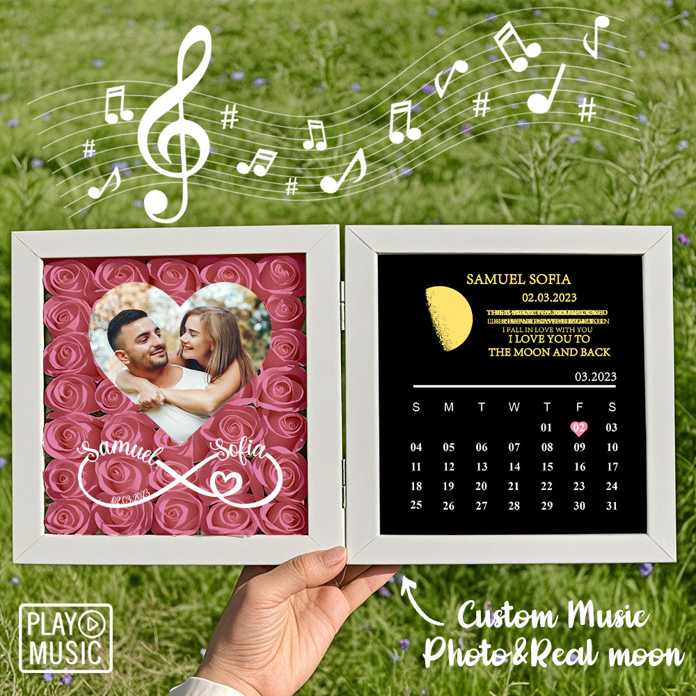 Custom Rose Flowers Frame with REAL MOON PHASE Can Play Music Anniversary Calendar Gift for Her - CustWitUK