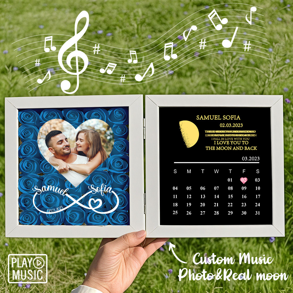 Custom Rose Flowers Frame with REAL MOON PHASE Can Play Music Anniversary Calendar Gift for Her - CustWitUK