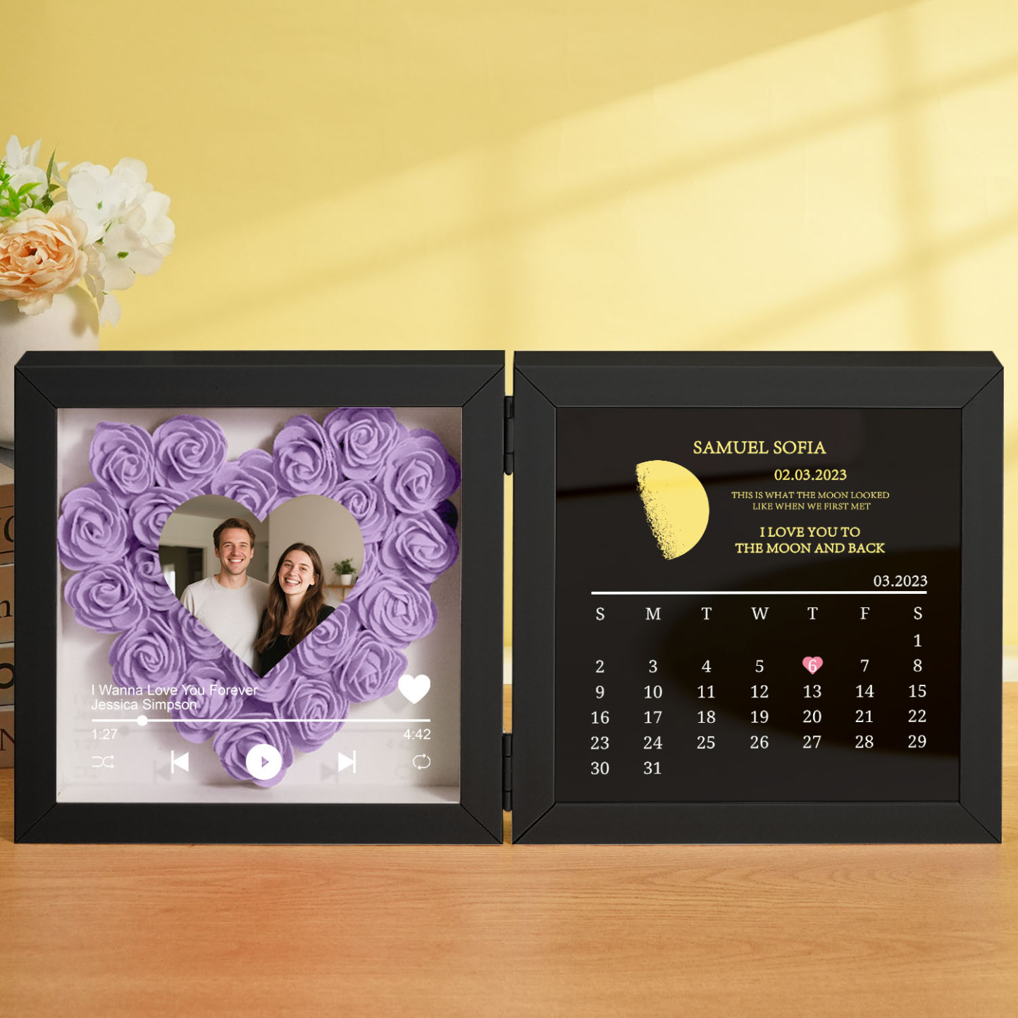 Custom Flowers Song Frame with Real Moon Phase Can Play Music Anniversary Calendar Gift for Her - CustWitUK