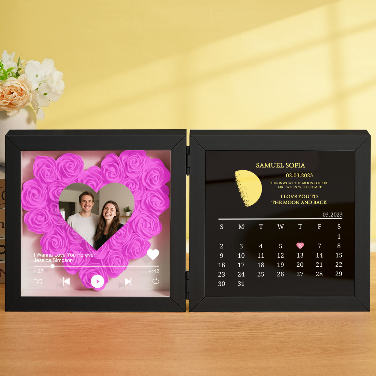Custom Flowers Song Frame with Real Moon Phase Can Play Music Anniversary Calendar Gift for Her - CustWitUK