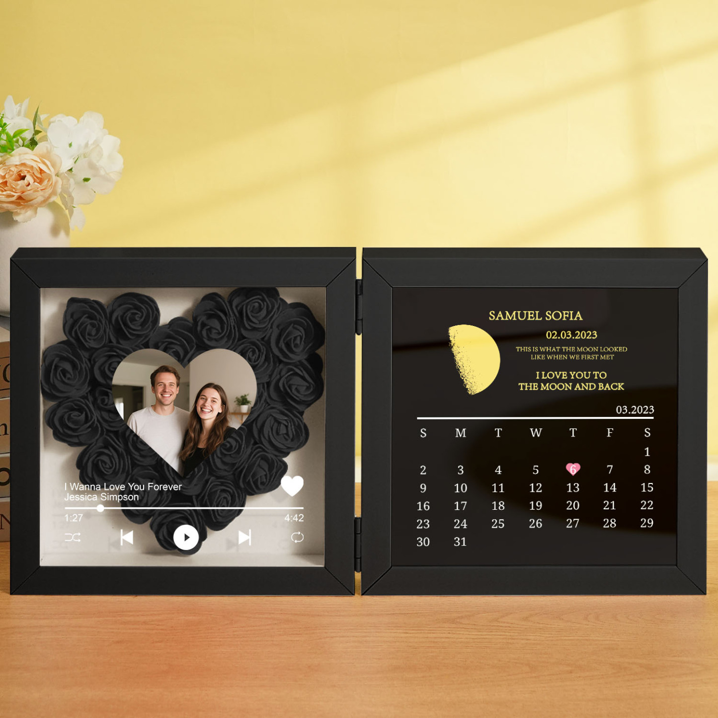 Custom Flowers Song Frame with Real Moon Phase Can Play Music Anniversary Calendar Gift for Her - CustWitUK