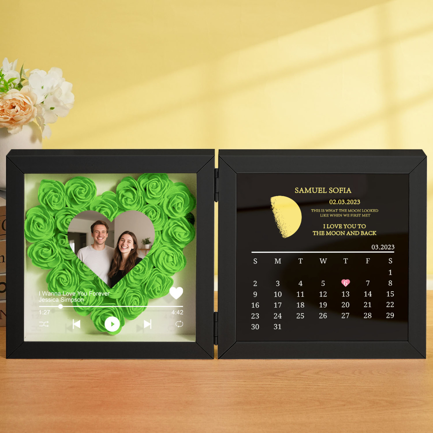 Custom Flowers Song Frame with Real Moon Phase Can Play Music Anniversary Calendar Gift for Her - CustWitUK