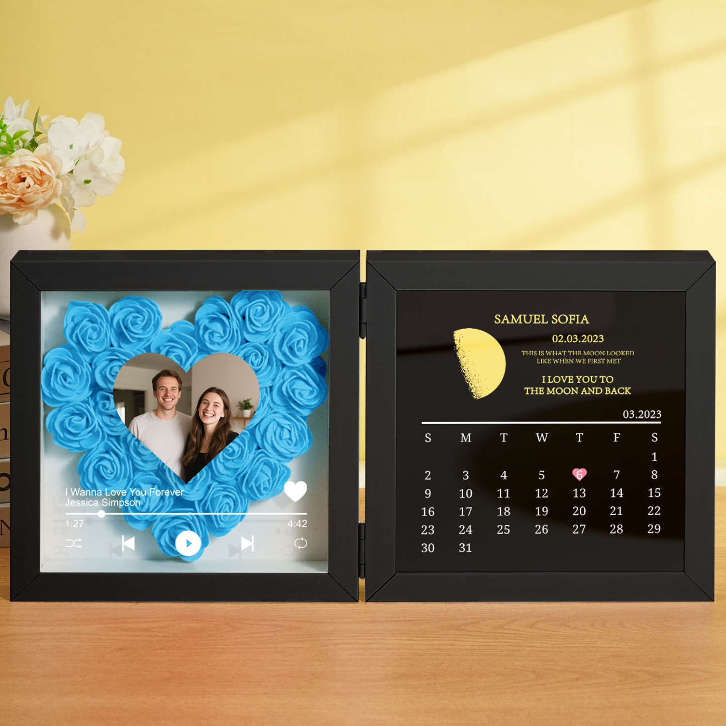 Custom Flowers Song Frame with Real Moon Phase Can Play Music Anniversary Calendar Gift for Her - CustWitUK