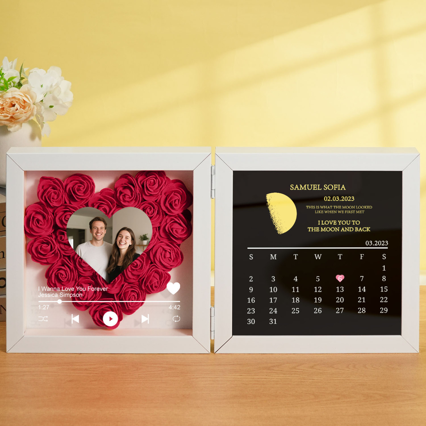 Custom Flowers Song Frame with Real Moon Phase Can Play Music Anniversary Calendar Gift for Her - CustWitUK