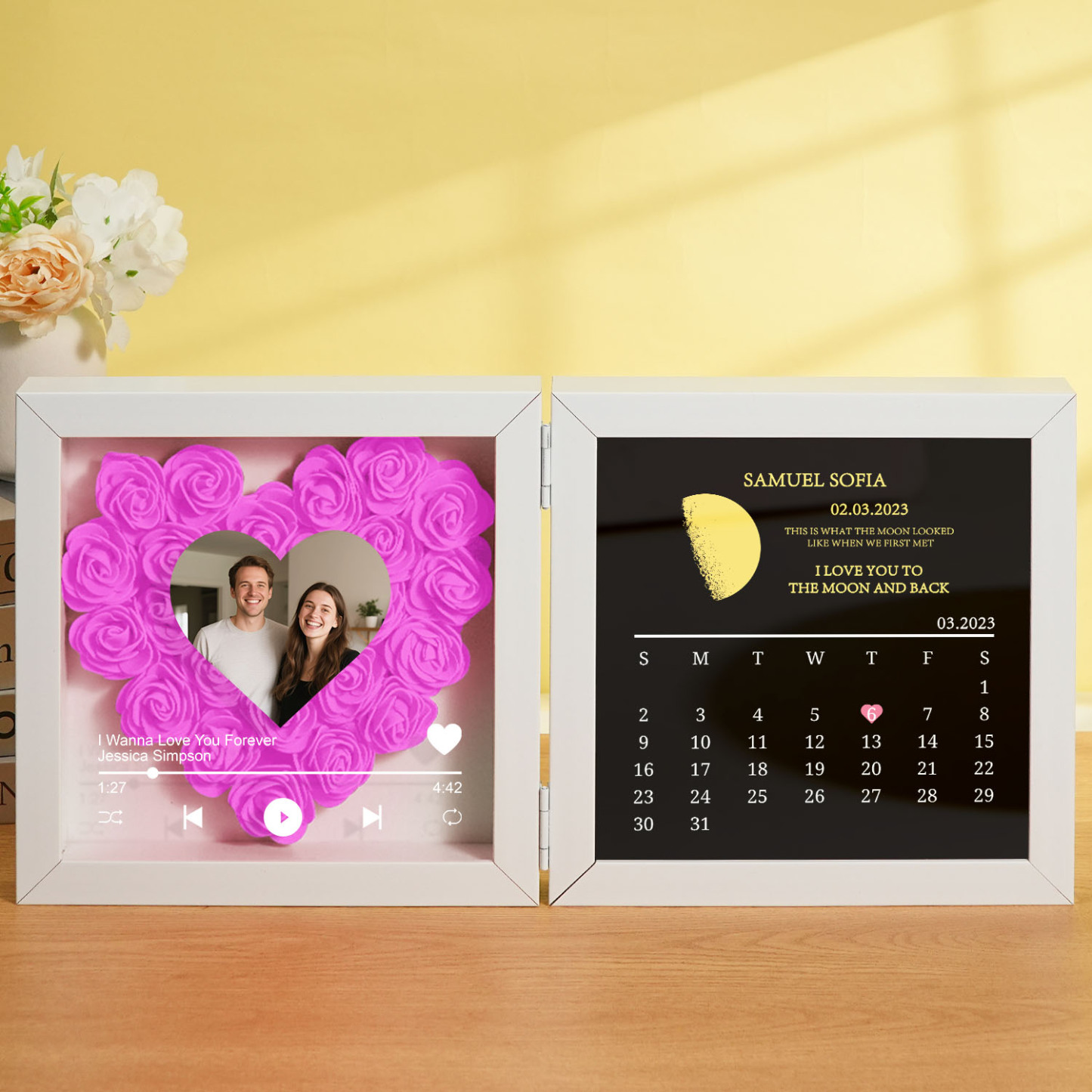 Custom Flowers Song Frame with Real Moon Phase Can Play Music Anniversary Calendar Gift for Her - CustWitUK