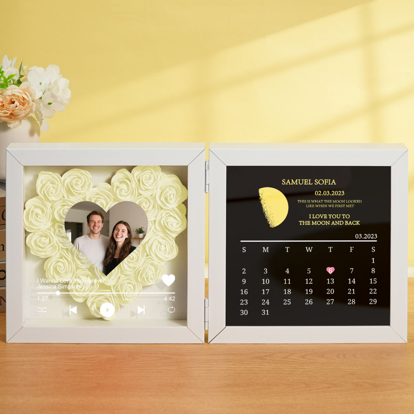Custom Flowers Song Frame with Real Moon Phase Can Play Music Anniversary Calendar Gift for Her - CustWitUK