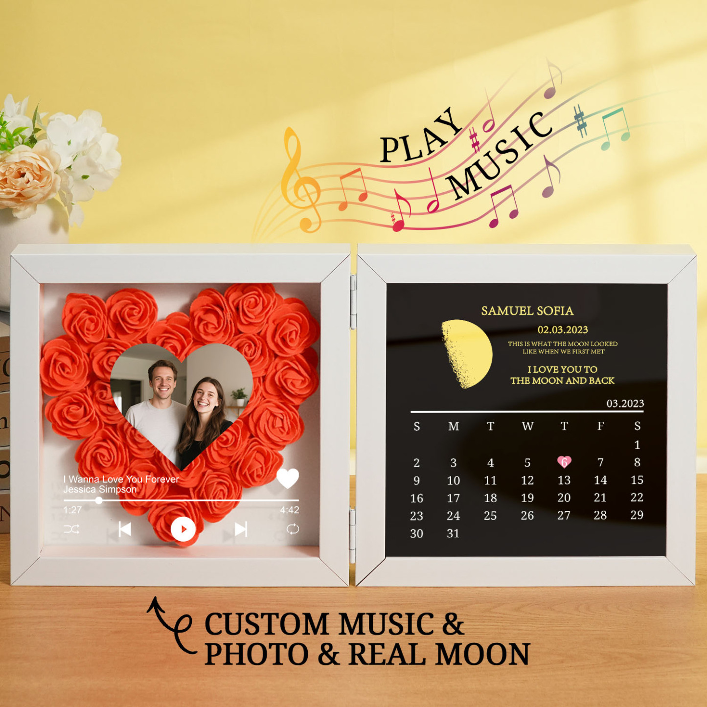 Custom Flowers Song Frame with Real Moon Phase Can Play Music Anniversary Calendar Gift for Her - CustWitUK