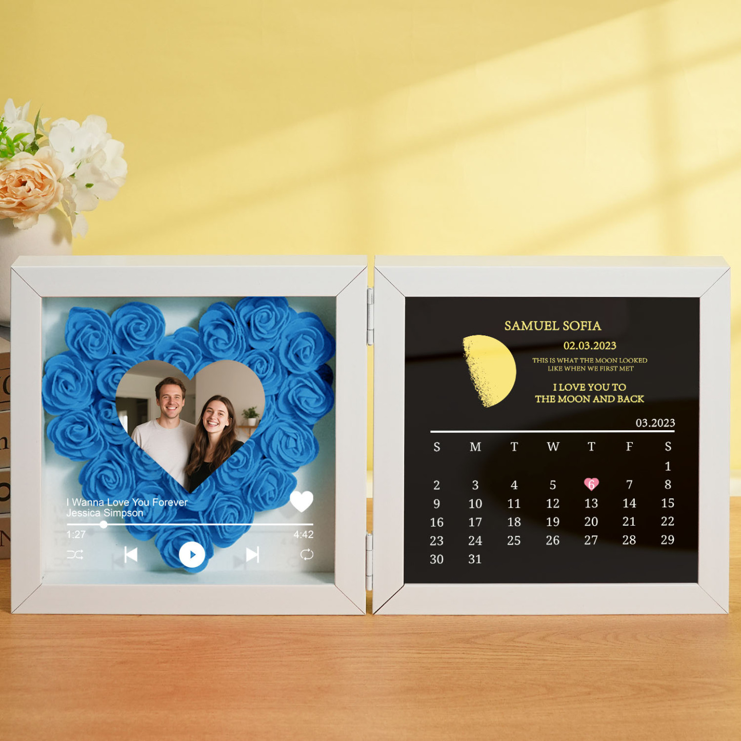 Custom Flowers Song Frame with Real Moon Phase Can Play Music Anniversary Calendar Gift for Her - CustWitUK