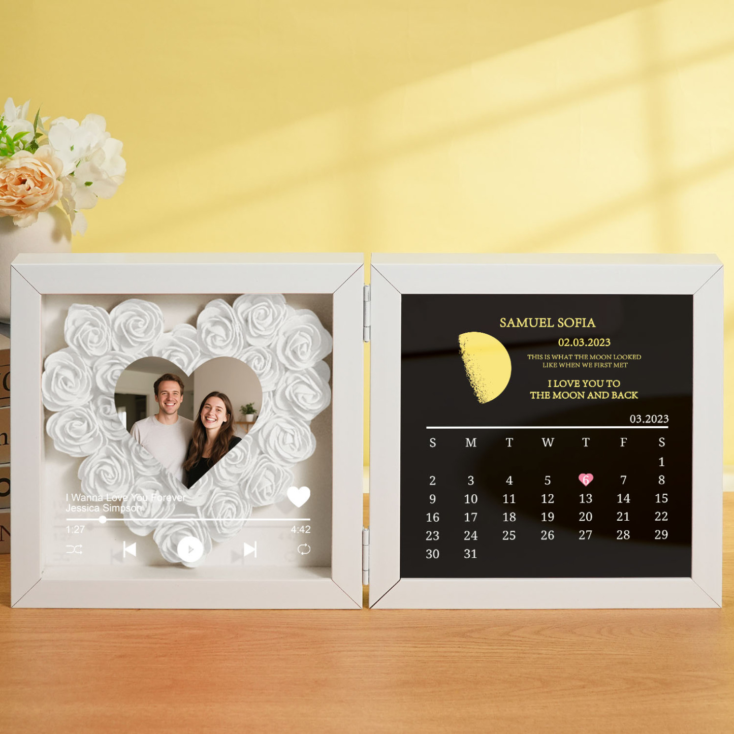 Custom Flowers Song Frame with Real Moon Phase Can Play Music Anniversary Calendar Gift for Her - CustWitUK
