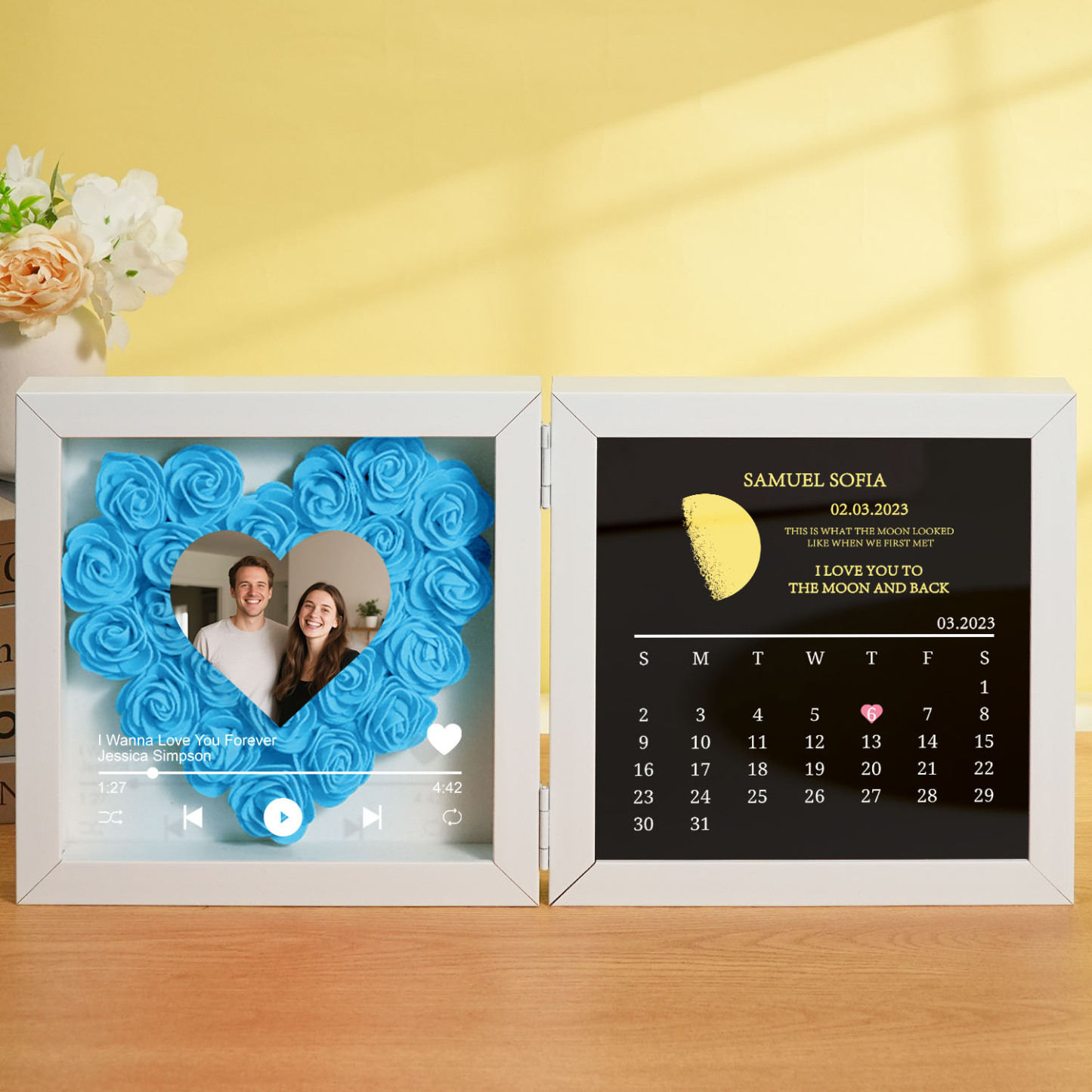 Custom Flowers Song Frame with Real Moon Phase Can Play Music Anniversary Calendar Gift for Her - CustWitUK